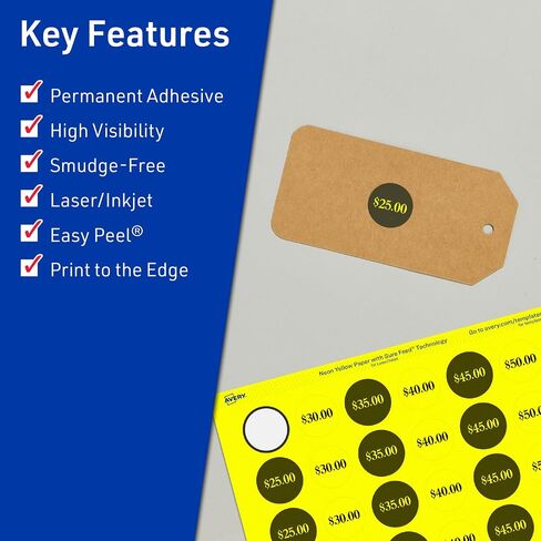 Avery Printable Round Labels, Sure Feed Technology, 1/2" Diameter, Neon Yellow Labels, Print-to-The-Edge, Laser/Inkjet, 1,540 Total, Great for Price Stickers and Mailing Seals in Saudi Arabia