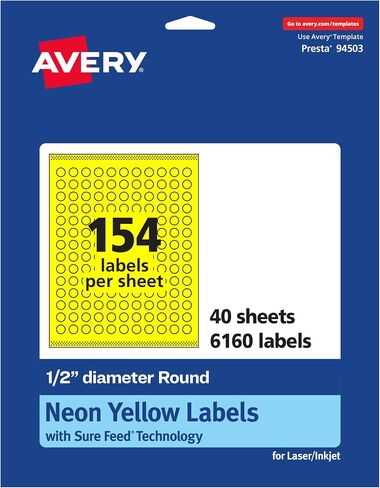 Avery Printable Round Labels, Sure Feed Technology, 1/2" Diameter, Neon Yellow Labels, Print-to-The-Edge, Laser/Inkjet, 1,540 Total, Great for Price Stickers and Mailing Seals in Saudi Arabia