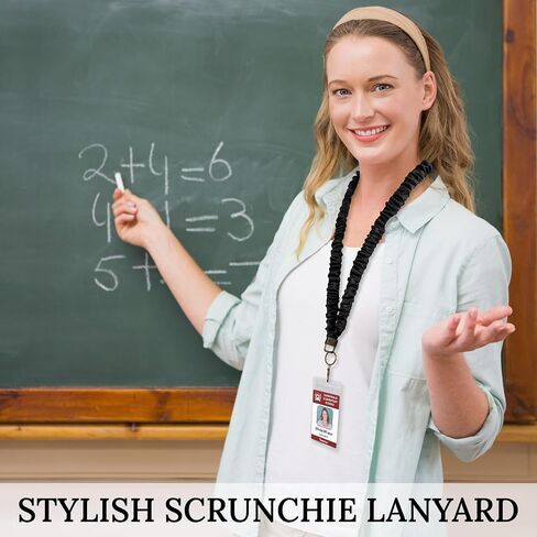 Scrunchie Lanyard Teacher مع بطاقة حامل الهوية ، Scrunchie Lanyard Stepressy للسيدات ، حبلات لطيفة من شارات الهوية ، مفاتيح ، محافظ ، حامل في سلسلة المفاتيح القابلة للسحب ، هدايا المعلمين (أسود) in Kuwait