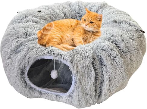 Collapsible Cat Tunnel Bed - Plush Multifunctional Pet Bed & Play Tunnel Toys with Hanging Balls & Peepholes for Indoor Kitty Kitten Puppy Rabbit Ferret in Saudi Arabia