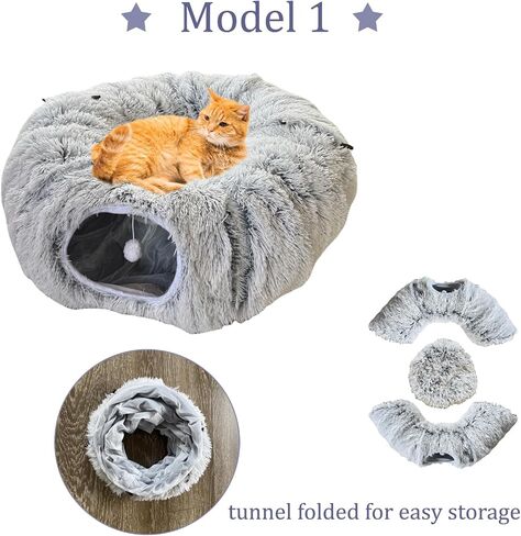 Collapsible Cat Tunnel Bed - Plush Multifunctional Pet Bed & Play Tunnel Toys with Hanging Balls & Peepholes for Indoor Kitty Kitten Puppy Rabbit Ferret in Saudi Arabia