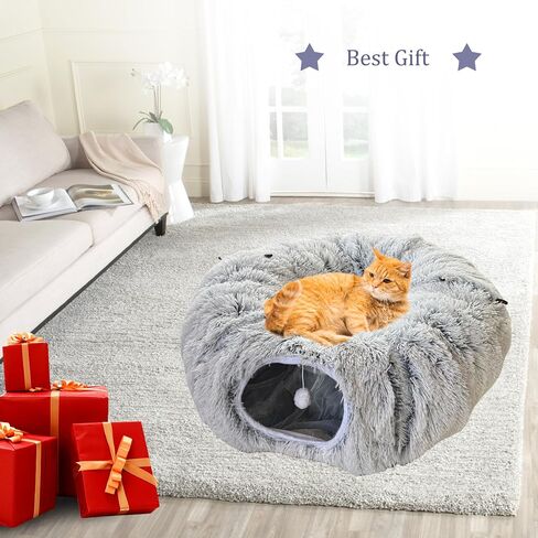 Collapsible Cat Tunnel Bed - Plush Multifunctional Pet Bed & Play Tunnel Toys with Hanging Balls & Peepholes for Indoor Kitty Kitten Puppy Rabbit Ferret in Saudi Arabia