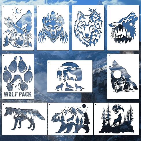 10 PCS Wolf Stencils Wood Burnig Stencils Animal Stencil Forest Mountain Tree Paw Mappleat in Kuwait