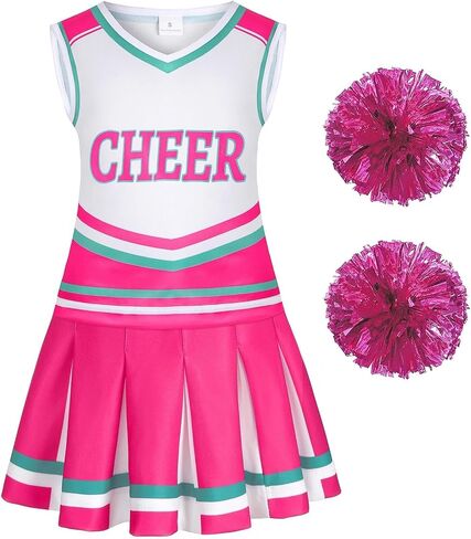 Cheerleader Costume for Girls Cheerleading Outfit with Pom Poms Halloween Party Dress Up in Kuwait