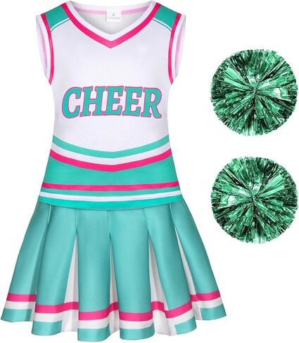 Cheerleader Costume for Girls Cheerleading Outfit with Pom Poms Halloween Party Dress Up in Kuwait