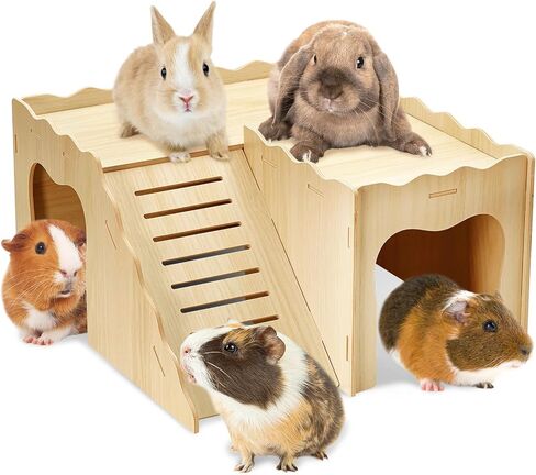 BNOSDM Upgraded Wooden Guinea Pig Hideout with Stair & Loft 2 Tier Detachable Cavy Castle 2 Door Small Animal House Habitat Dwarf Rabbit Climbing Toy Accessories for Cage in Saudi Arabia