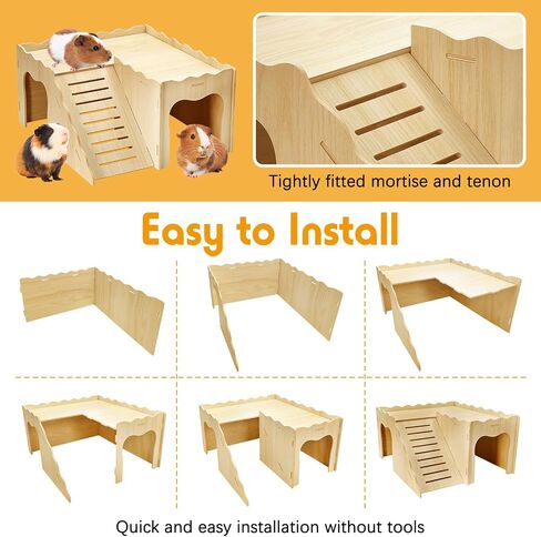 BNOSDM Upgraded Wooden Guinea Pig Hideout with Stair & Loft 2 Tier Detachable Cavy Castle 2 Door Small Animal House Habitat Dwarf Rabbit Climbing Toy Accessories for Cage in Saudi Arabia