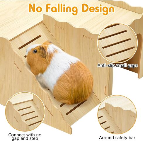 BNOSDM Upgraded Wooden Guinea Pig Hideout with Stair & Loft 2 Tier Detachable Cavy Castle 2 Door Small Animal House Habitat Dwarf Rabbit Climbing Toy Accessories for Cage in Saudi Arabia