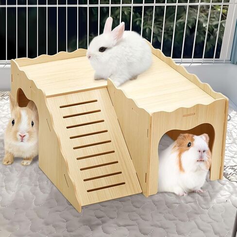 BNOSDM Upgraded Wooden Guinea Pig Hideout with Stair & Loft 2 Tier Detachable Cavy Castle 2 Door Small Animal House Habitat Dwarf Rabbit Climbing Toy Accessories for Cage in Saudi Arabia