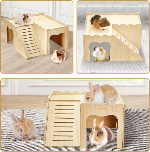 BNOSDM Upgraded Wooden Guinea Pig Hideout with Stair & Loft 2 Tier Detachable Cavy Castle 2 Door Small Animal House Habitat Dwarf Rabbit Climbing Toy Accessories for Cage in Saudi Arabia