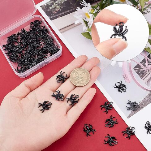 Sunnyclue 1 Box 50pcs سحر Spider Halloween Spider Charm Gothic Tibettan Style Black Flatback Spider Charms سحر الحيوانات المعدنية المسطحة لتكوين المجوهرات. in Saudi Arabia