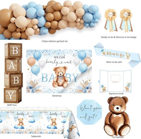 Bear Baby Shower Decorations Party Supplies, We Can Bearly Wait Baby Shower Decoration, Backdrop Balloon Arch Box Mom to Be Sash Dad to Be Pin Tablecloths Bear Balloon in Saudi Arabia