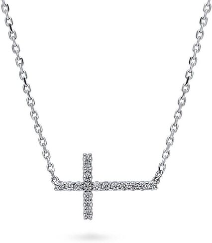 BERRICLE Sterling Silver Sideways Cross Cubic Zirconia CZ Fashion Pendant Necklace for Women, Rhodium Plated in Saudi Arabia
