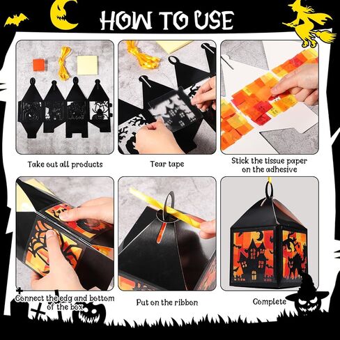 Pajean 16 مجموعات Halloween Lantern Crafts مجموعة Halloween Suncatchers Paper Paper Set DIY Pumpkin Cat Spider Glass Make Your Own For Window Charsip Art Party Party Gift in Saudi Arabia