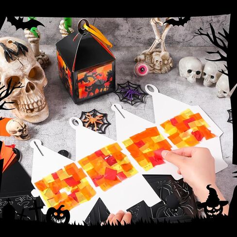 Pajean 16 مجموعات Halloween Lantern Crafts مجموعة Halloween Suncatchers Paper Paper Set DIY Pumpkin Cat Spider Glass Make Your Own For Window Charsip Art Party Party Gift in Saudi Arabia