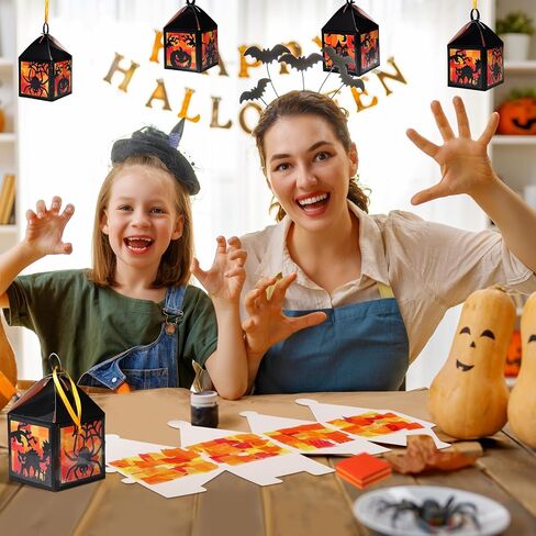 Pajean 16 مجموعات Halloween Lantern Crafts مجموعة Halloween Suncatchers Paper Paper Set DIY Pumpkin Cat Spider Glass Make Your Own For Window Charsip Art Party Party Gift in Saudi Arabia