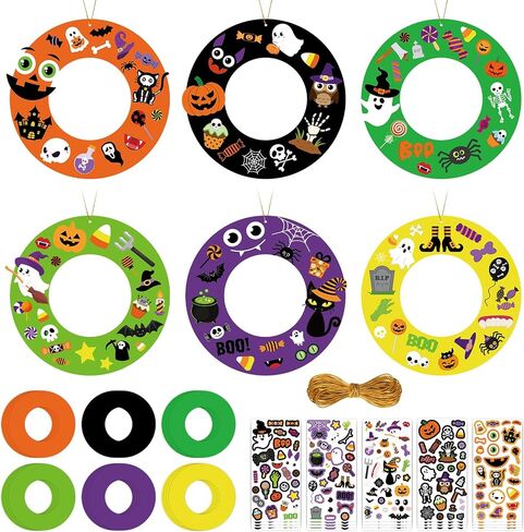 24 Sets Halloween Wreath Crafts, Halloween DIY Wreath Paper Craft with Pumpkin Ghost Black Cat Stickers for Classroom Activities Games. (Hallowee.24) in Kuwait