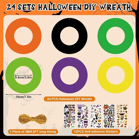 24 Sets Halloween Wreath Crafts, Halloween DIY Wreath Paper Craft with Pumpkin Ghost Black Cat Stickers for Classroom Activities Games. (Hallowee.24) in Kuwait
