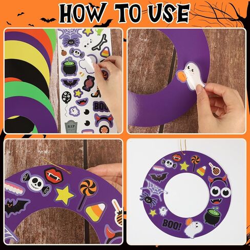 24 Sets Halloween Wreath Crafts, Halloween DIY Wreath Paper Craft with Pumpkin Ghost Black Cat Stickers for Classroom Activities Games. (Hallowee.24) in Kuwait