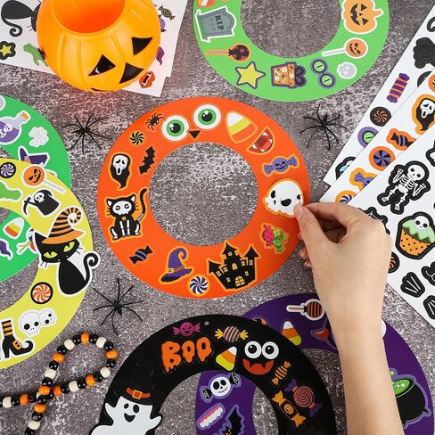 24 Sets Halloween Wreath Crafts, Halloween DIY Wreath Paper Craft with Pumpkin Ghost Black Cat Stickers for Classroom Activities Games. (Hallowee.24) in Kuwait