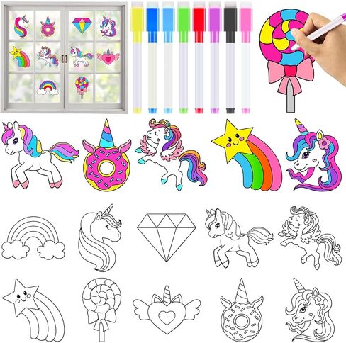 30 Pcs Unicorn Painting Arts Crafts for Kids Window Suncatchers Craft Kits DIY Unicorn Coloring Crafts Window Cling Stickers with Markers Colorful Rainbow Theme Party Gifts for Home Classroom Decor in Saudi Arabia