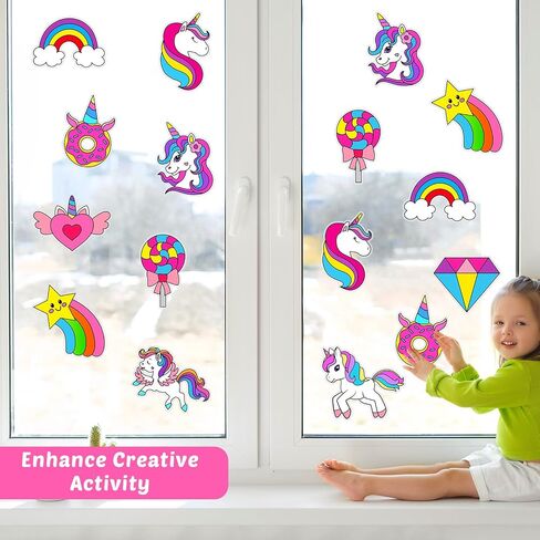 30 Pcs Unicorn Painting Arts Crafts for Kids Window Suncatchers Craft Kits DIY Unicorn Coloring Crafts Window Cling Stickers with Markers Colorful Rainbow Theme Party Gifts for Home Classroom Decor in Saudi Arabia