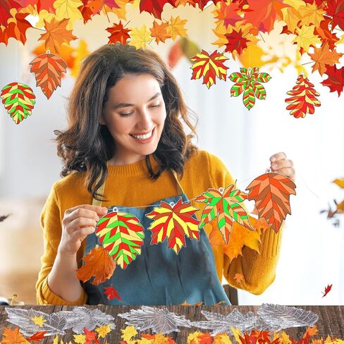 Roundfunny 60 مجموعات Fall Leaf Suncatchers الخريف زخارف الزخارف DIY نافذة Art Suncatchers الخريف Maple Leaf Craft Kits لنشاط الفصول in Saudi Arabia