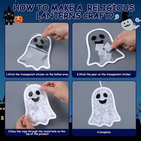 24 Sets Ghost Crafts Halloween Tissue Paper Craft Kits Make Your Own Ghost Suncatchers Hanging Ornament DIY for Halloween Party Trick or Treat Party Supplies Classroom Actives in Kuwait