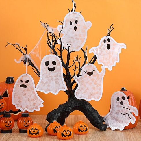 24 Sets Ghost Crafts Halloween Tissue Paper Craft Kits Make Your Own Ghost Suncatchers Hanging Ornament DIY for Halloween Party Trick or Treat Party Supplies Classroom Actives in Kuwait