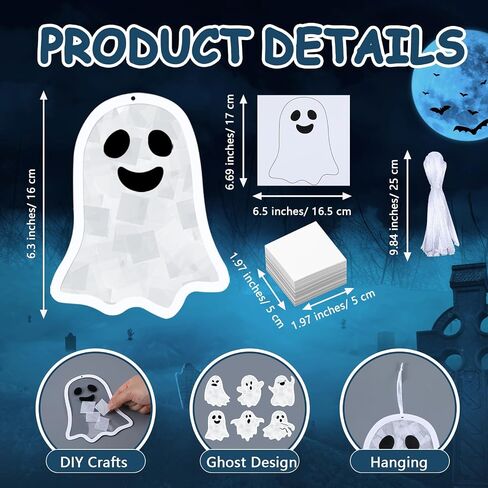 24 Sets Ghost Crafts Halloween Tissue Paper Craft Kits Make Your Own Ghost Suncatchers Hanging Ornament DIY for Halloween Party Trick or Treat Party Supplies Classroom Actives in Kuwait