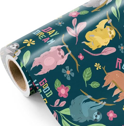 Wrapaholic Sloth Defream Wrapp Wrapp Roll - Mini Roll - 17 Ing × 16.5 قدم - كسلان رائعتين ونباتات مثالية لعيد الميلاد ، دش الطفل in Kuwait