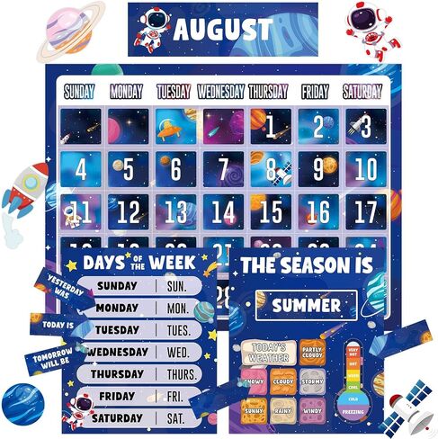 Outer Space Calendar Bulletin Board Set for Classroom Decoration Galaxy themed Calendar Season Weather Chart Astronaut Simply CTP Paper-Cuts for Back to School Teacher Nursery Chalkboard Wall Decor in Saudi Arabia