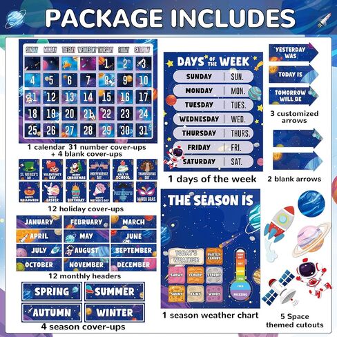 Outer Space Calendar Bulletin Board Set for Classroom Decoration Galaxy themed Calendar Season Weather Chart Astronaut Simply CTP Paper-Cuts for Back to School Teacher Nursery Chalkboard Wall Decor in Saudi Arabia