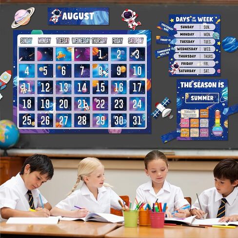 Outer Space Calendar Bulletin Board Set for Classroom Decoration Galaxy themed Calendar Season Weather Chart Astronaut Simply CTP Paper-Cuts for Back to School Teacher Nursery Chalkboard Wall Decor in Saudi Arabia