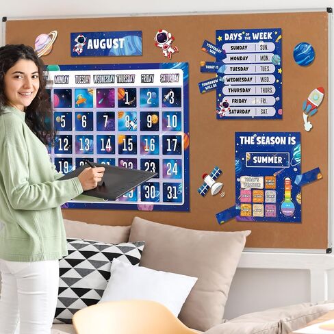 Outer Space Calendar Bulletin Board Set for Classroom Decoration Galaxy themed Calendar Season Weather Chart Astronaut Simply CTP Paper-Cuts for Back to School Teacher Nursery Chalkboard Wall Decor in Saudi Arabia
