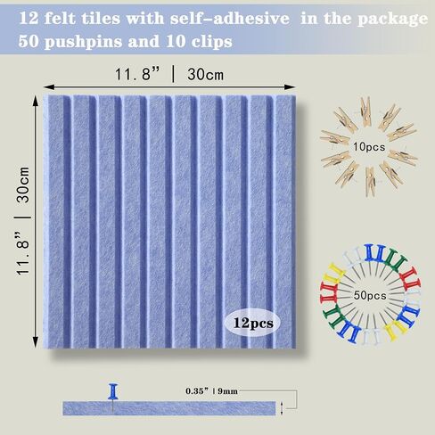 لوحة كبيرة من Cork Poternative-12 PCS للاصطدام ذاتيًا ببلاط ألواح النشرة ، بلاط لوحة Pin Board Cork لديكور جدار المكاتب المنزلية ، لوحة Tack 47 "× 35" (الأزرق الفاتح in Kuwait
