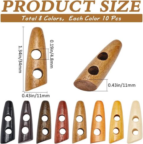 GORGECRAFT 80Pcs 8 Colors Oval Wooden Buttons 1.18x0.4 Horn Shaped Toggle Wood Button Accessories 2 Holes Sweater Coats Buttons Replacement for Clothing Sewing DIY Art Craft Projects, Hole: 5mm in Saudi Arabia