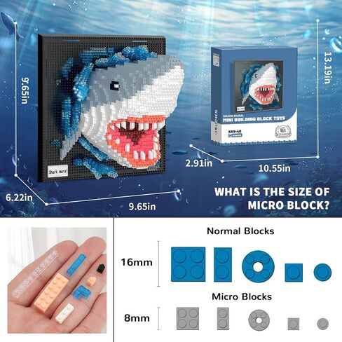 SHARK Animal 3D Wall Art Micro Mini Building Clusts للبالغين ، ديكور جدار منزلي فريد أو عرض على الطاولة ، لا متوافق مع LEGO ، لعبة عيد ميلاد مثالية للأطفال المراهقين (2166 PCS) in Kuwait