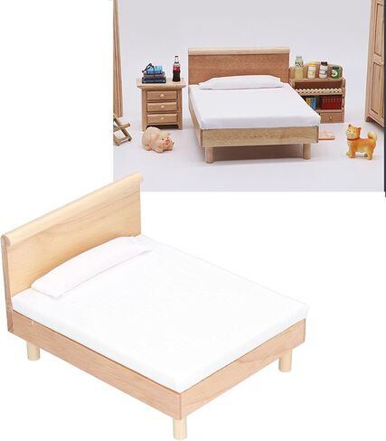 1:12 Dollhouse Double Bed, Oak Miniature Furniture Decoration Accessories for Bedroom in Saudi Arabia