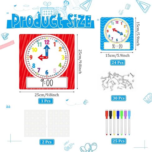 Cinrobiye 25 Pcs Classroom Teaching Clock Set,Learning Clocks,Learning Time with Laminated Dry-Erase Teaching Aids for Home Classroom Teacher Back to School Supplies in Saudi Arabia