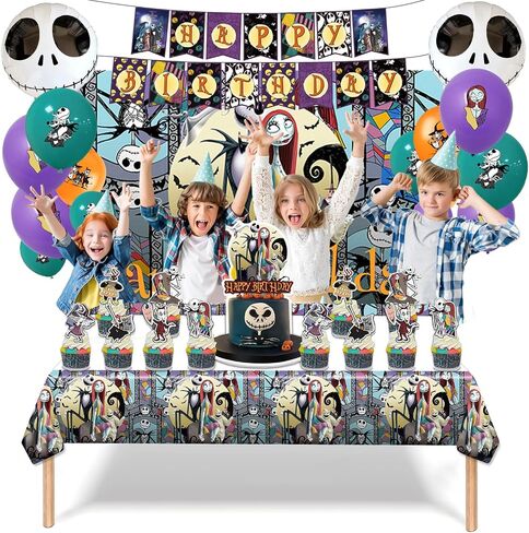 Taeku Horror Birthday Decorations – 39 Pcs Halloween Party Supplies Set Movie Theme, Includes Banner, Balloons, Cake Toppers, Backdrop & Tablecloth – Scary Decor for Horror Fans (Black) in Kuwait