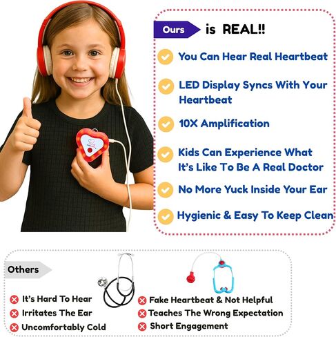 Heartbeats Electronic Stethoscope Toy with LED Display & 10X Sound Amplification, Real Working Stethoscope - Kids Nurse Doctor Kit- STEM Medical Learning Toy Boys & Girls Age 4+, Educational Toy Gift in Saudi Arabia