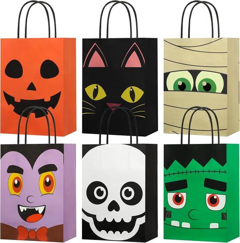 24 PCS Halloween Treat Bags Halloween Paper Gift Bags with Handles Pumpkin Vampire Party Favor Paper Bag Cat Skeleton Frankenstein Candy Goodie Gift Bag for Trick or Treat Kids Party Favors Supplies in Saudi Arabia