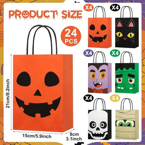 24 PCS Halloween Treat Bags Halloween Paper Gift Bags with Handles Pumpkin Vampire Party Favor Paper Bag Cat Skeleton Frankenstein Candy Goodie Gift Bag for Trick or Treat Kids Party Favors Supplies in Saudi Arabia