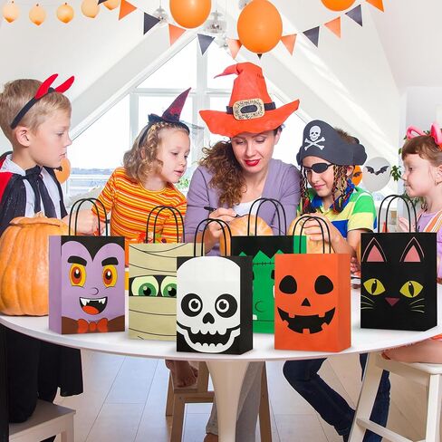 24 PCS Halloween Treat Bags Halloween Paper Gift Bags with Handles Pumpkin Vampire Party Favor Paper Bag Cat Skeleton Frankenstein Candy Goodie Gift Bag for Trick or Treat Kids Party Favors Supplies in Saudi Arabia