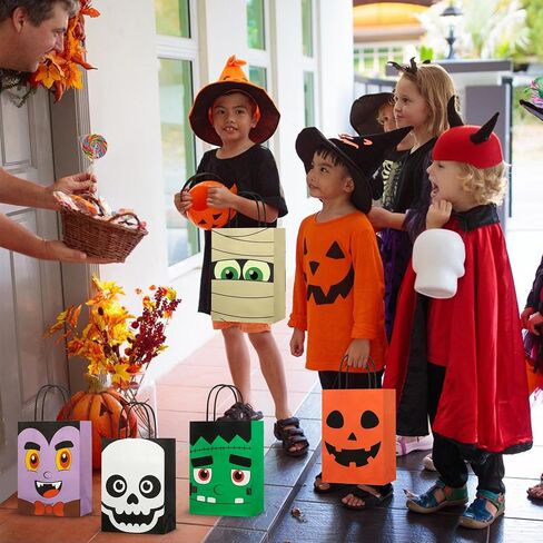 24 PCS Halloween Treat Bags Halloween Paper Gift Bags with Handles Pumpkin Vampire Party Favor Paper Bag Cat Skeleton Frankenstein Candy Goodie Gift Bag for Trick or Treat Kids Party Favors Supplies in Saudi Arabia