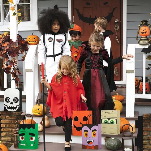 24 PCS Halloween Treat Bags Halloween Paper Gift Bags with Handles Pumpkin Vampire Party Favor Paper Bag Cat Skeleton Frankenstein Candy Goodie Gift Bag for Trick or Treat Kids Party Favors Supplies in Saudi Arabia