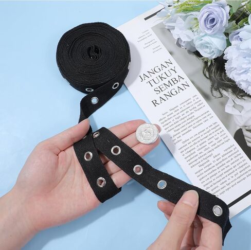6.5 Yards Cotton Grommet Tape Eyelet Tape 1 inch Wide Eyelet Trim with Grommets Twill Tapes with Silver Eyelets Black Grommet Trim Eyelets Trimming Ribbon Strip for Sewing Garment Skirt Shoes in Saudi Arabia