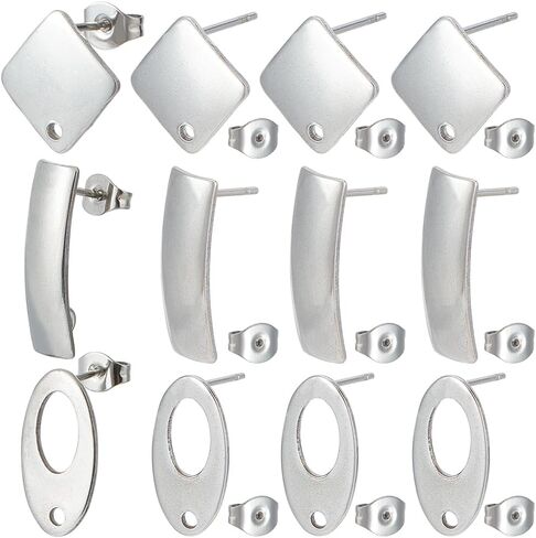 SUNNYCLUE 72Pcs Geometric Earring Posts Stainless Steel Earrings Post Findings Flat Square Rhombus Oval Silver Ear Backs Stud Supplies with Hole for DIY Ears Jewelry Making Crafting Accessories in Saudi Arabia