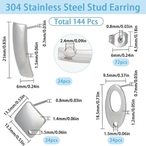 SUNNYCLUE 72Pcs Geometric Earring Posts Stainless Steel Earrings Post Findings Flat Square Rhombus Oval Silver Ear Backs Stud Supplies with Hole for DIY Ears Jewelry Making Crafting Accessories in Saudi Arabia